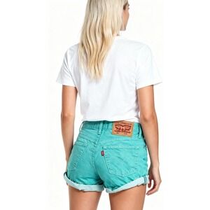 Levi Strauss 501 Turquoise Denim Cutoff Shorts W26 L Rolled Cuff High Rise